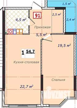1-к квартира, вторичка, 55м2, 4/7 этаж