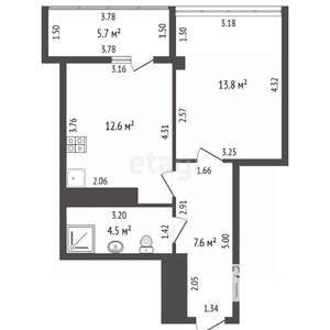 1-к квартира, вторичка, 44м2, 2/7 этаж