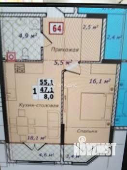 1-к квартира, вторичка, 55м2, 2/6 этаж
