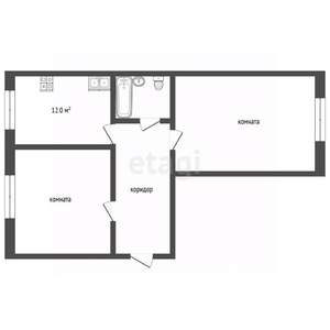 2-к квартира, вторичка, 54м2, 2/2 этаж