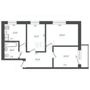 3-к квартира, вторичка, 49м2, 3/5 этаж