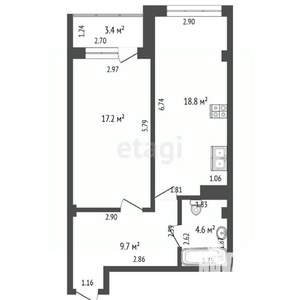 1-к квартира, вторичка, 50м2, 1/6 этаж