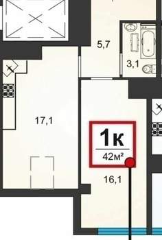 1-к квартира, вторичка, 42м2, 8/8 этаж