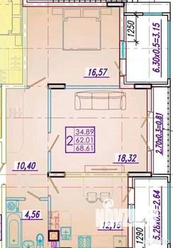 2-к квартира, вторичка, 69м2, 1/7 этаж