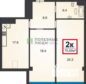 2-к квартира, вторичка, 76м2, 8/8 этаж