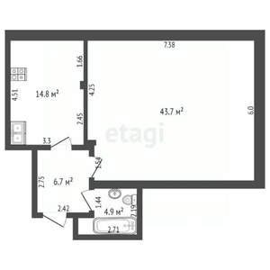 1-к квартира, вторичка, 70м2, 4/4 этаж